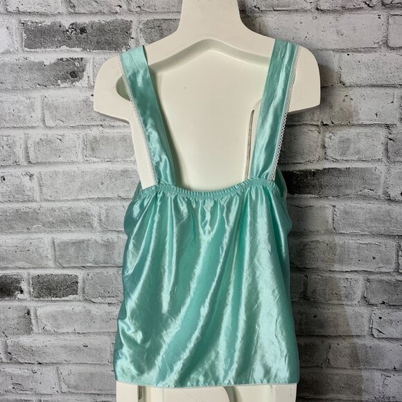Vintage 90s Teal Satin Lace Trim Square Neck Camisole Boho Chic Crop Tank Top - Picture 5 of 16